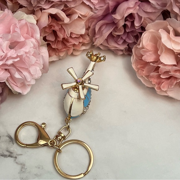 Whimsical Blue and White Crystal Helicopter Keychain Charm - Picture 10 of 16